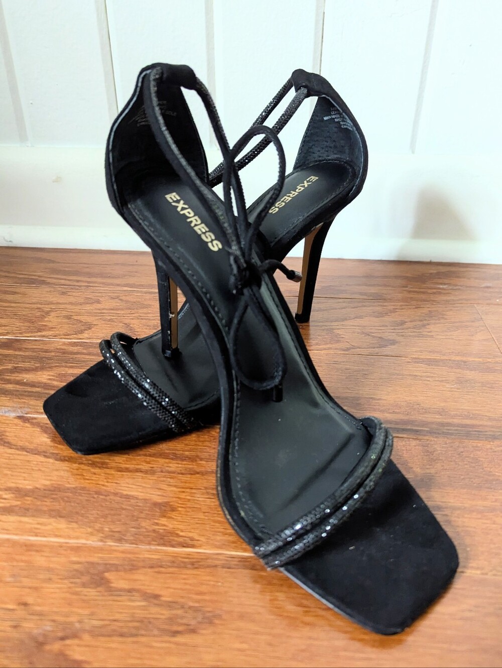 Express Black Strappy High Heel Sandals with Sparkle Straps,Sz 9